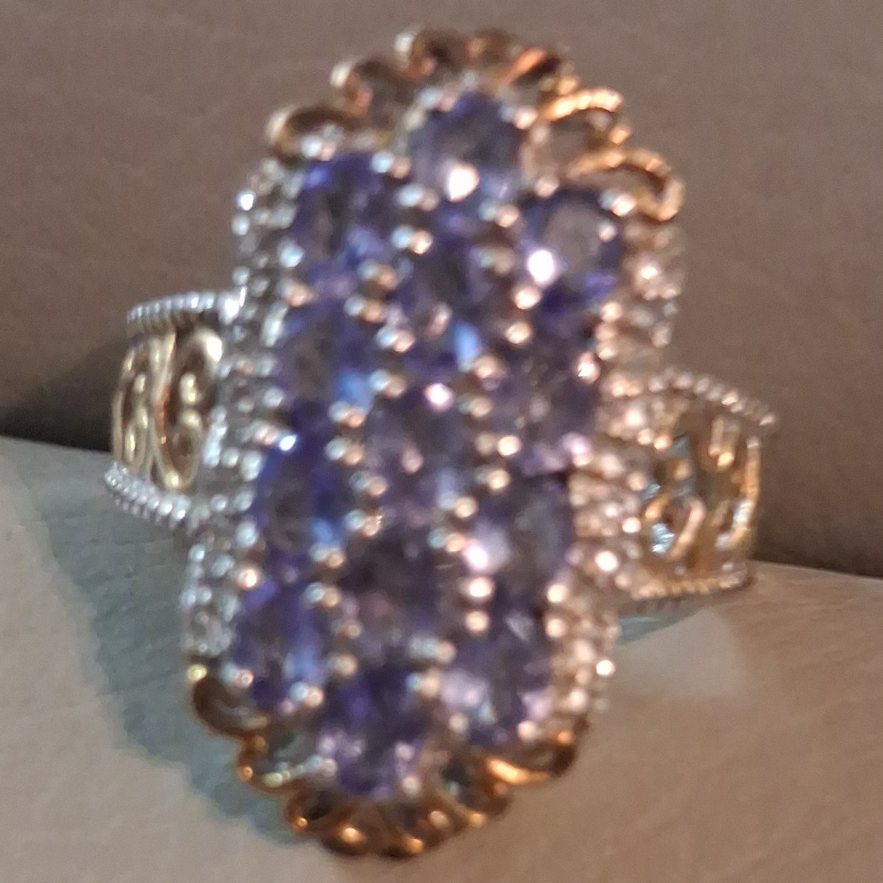 925 White Gold & Yellow Plated Round Purple Tanzanite Cluster Ring Size 8