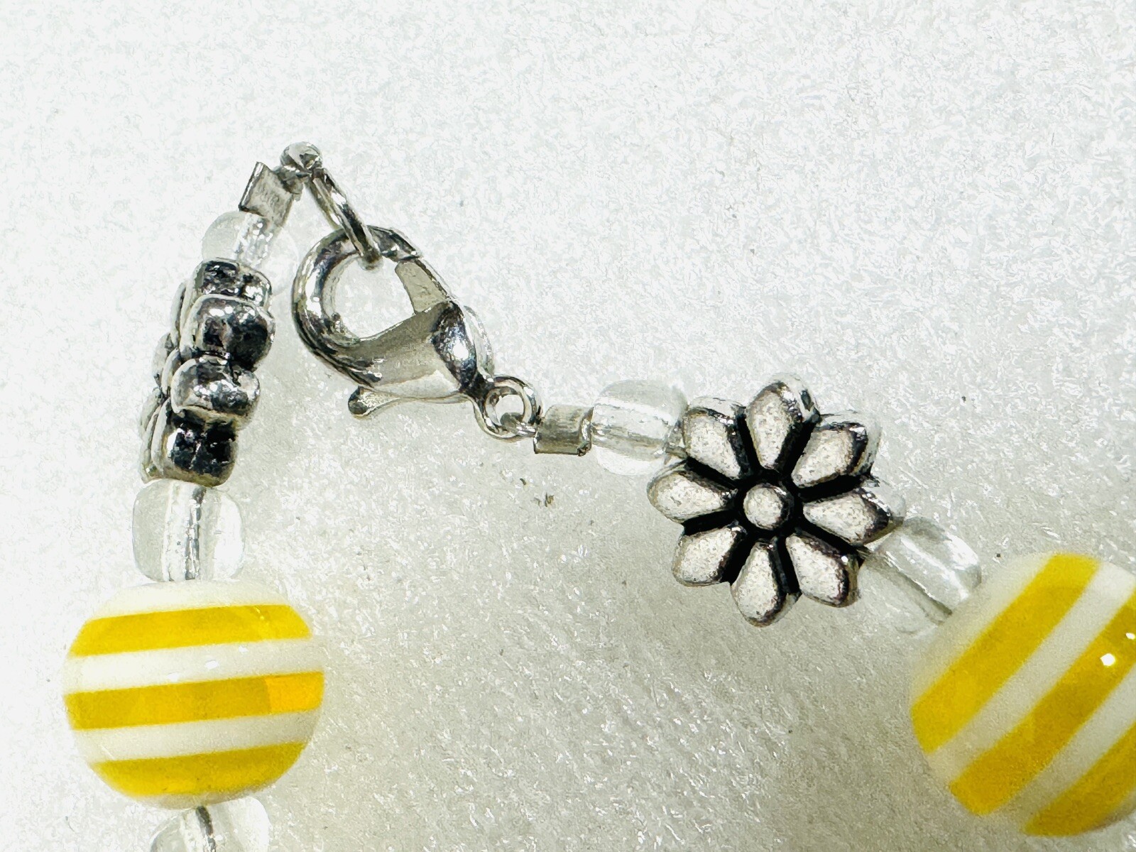 Acrylic Lucite Stripe Beads Silver Flower Necklace White Yellow Spring Handmade