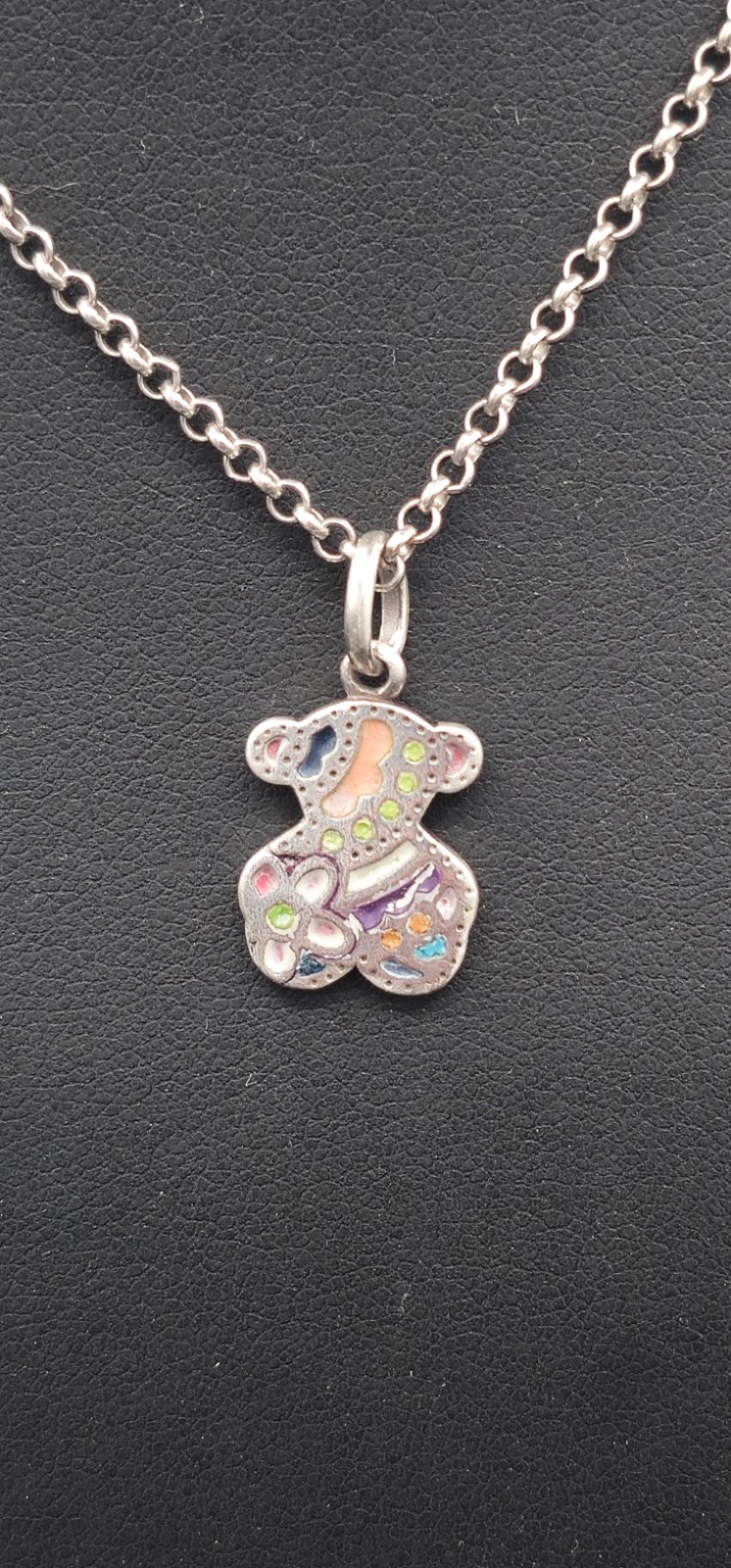 TOUS 925 Sterling Silver Enamel Teddy Bear Pendant Necklace Multicolor Spain