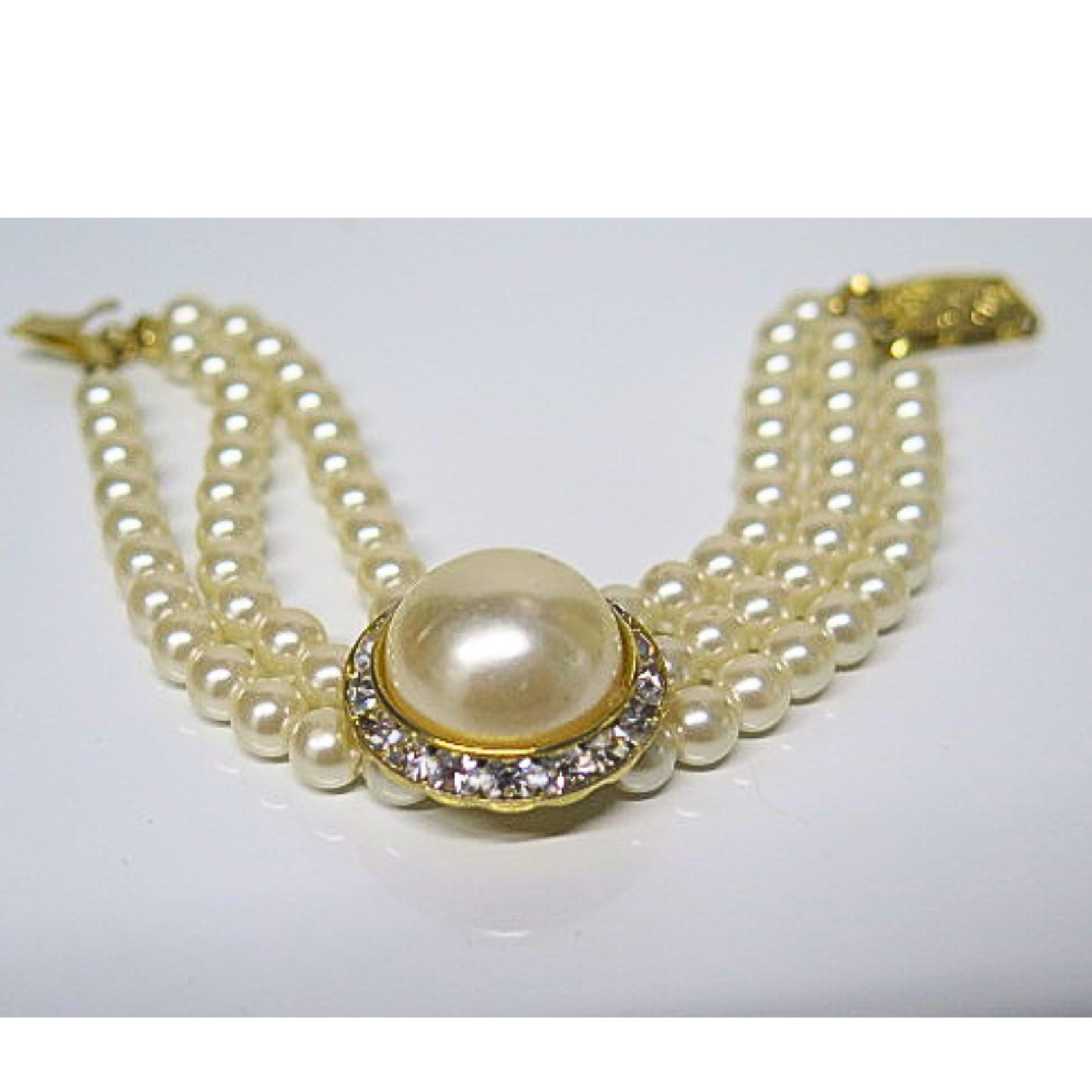 Vintage 4 Strand Faux Pearl Bracelet Rhinestone Gold Tone Estate 7.5″ Bridal