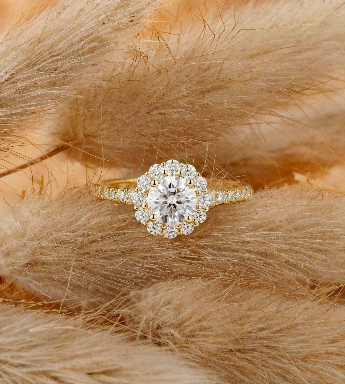 1.50Ct Lab Created Round Diamond Halo Engagement Ring 14K Yellow Gold Finish