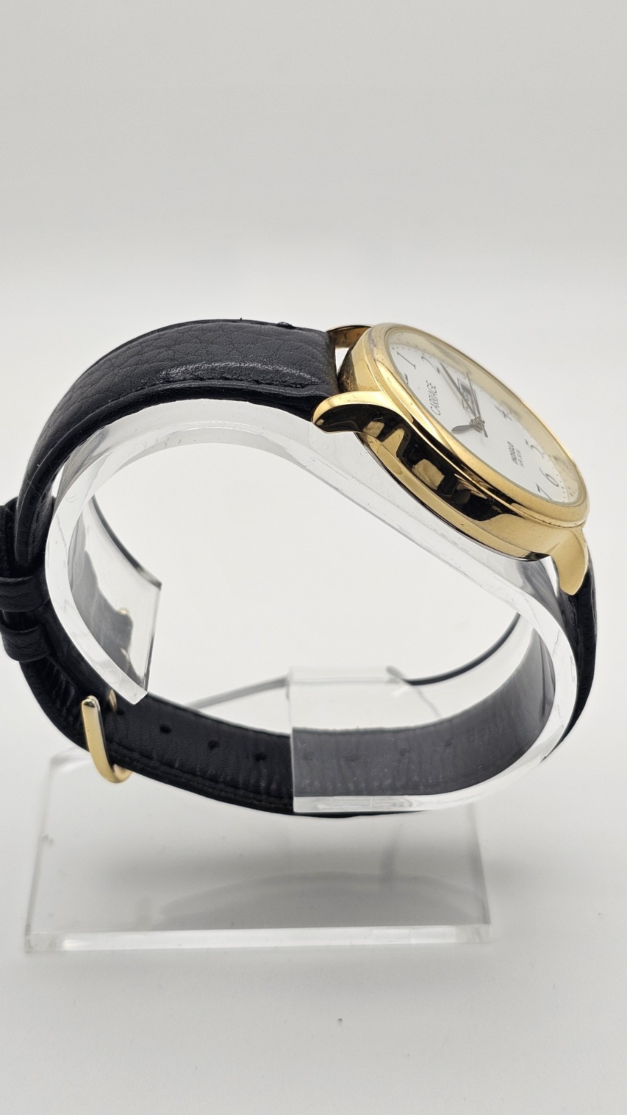 Carriage Day Date Gold Tone Case 35 MM Indiglo White Dial Black Leather Watch