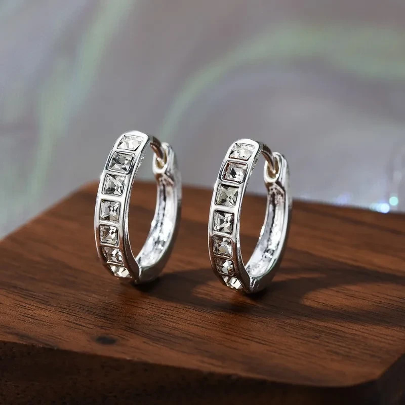 925 Sterling Silver Plated Square CZ Huggie Hoop Earrings 16mm Unisex Gift