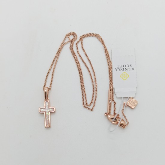 New Kendra Scott Cross Rose Gold Pendant Necklace in White Opal