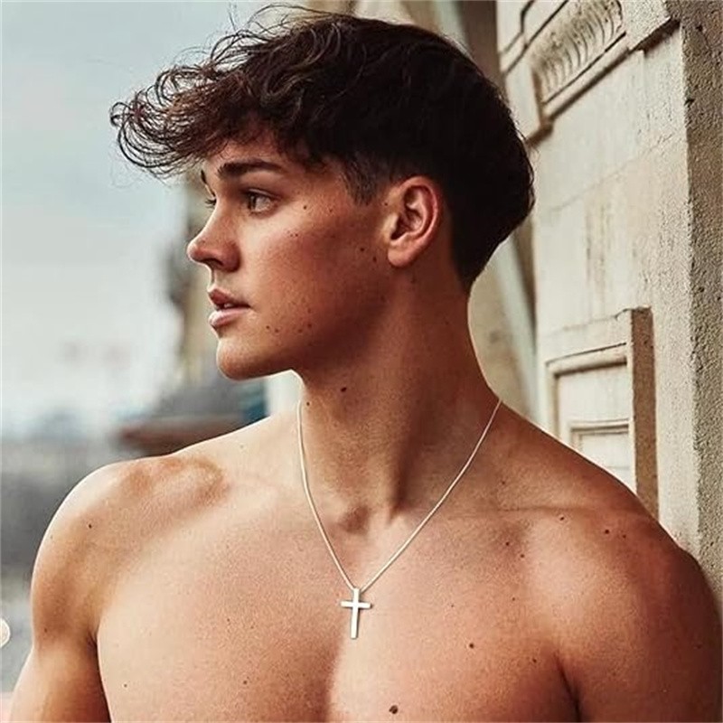 Cross Necklace for Men,Silver Stainless Steel Plain Cross Pendant Necklace