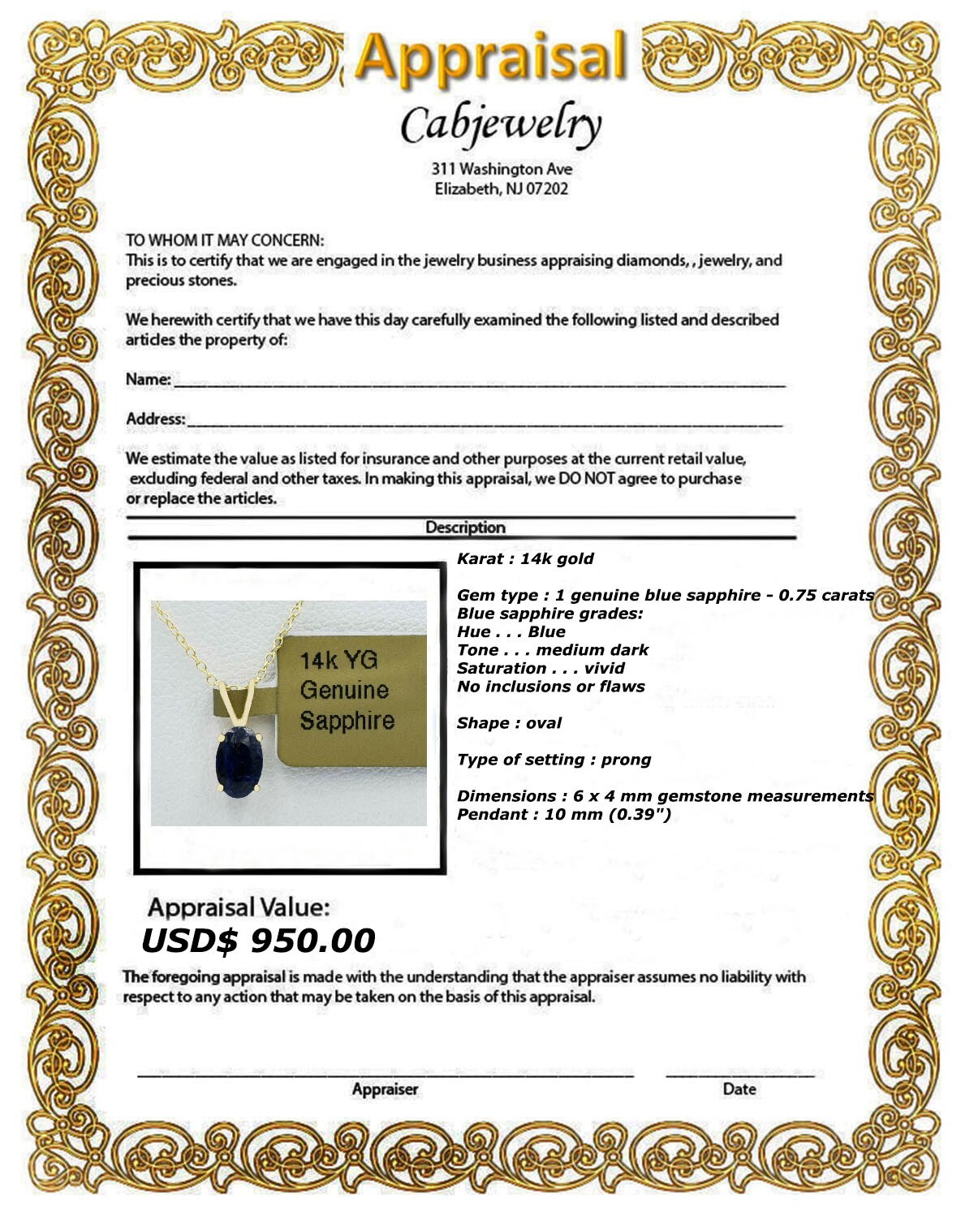 GENUINE 0.75 Cts BLUE SAPPHIRE SMALL PENDANT 14K GOLD – Free Certificate – NWT
