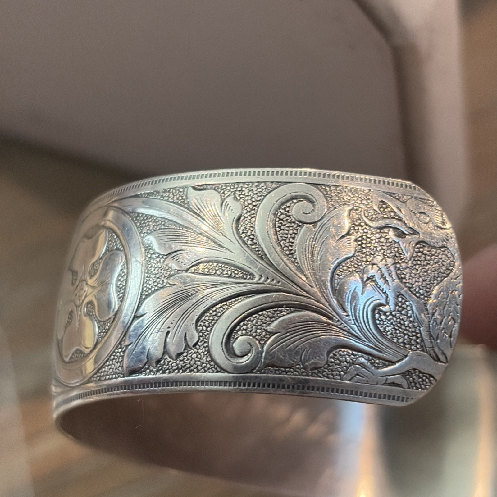 Dragon Etched Sterling Silver 1” Wide Cuff Bracelet Sz 5-1/2 -Engraved – 16g