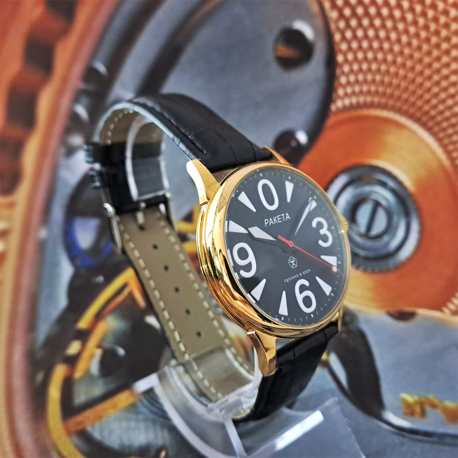 Vintage Watch USSR RAKETA Big Zero Black Dial Wristwatch Mechanism 2609.HA Gold