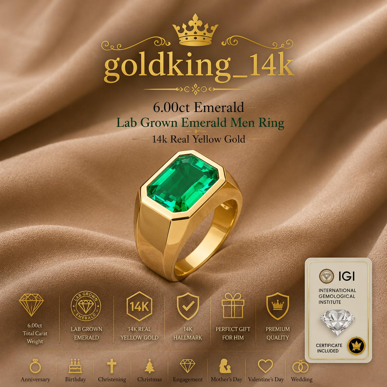 6.00ct Emerald Lab Grown Emerald Men Ring 14k Real Yellow Gold IGI Certificate