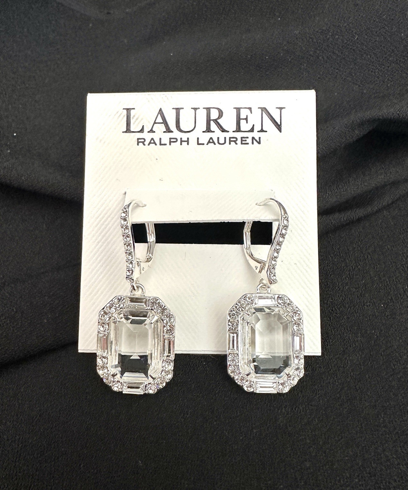 Ralph Lauren Crystal Rectangular Drop Earring / Clear/ Silver Color/Lever Back