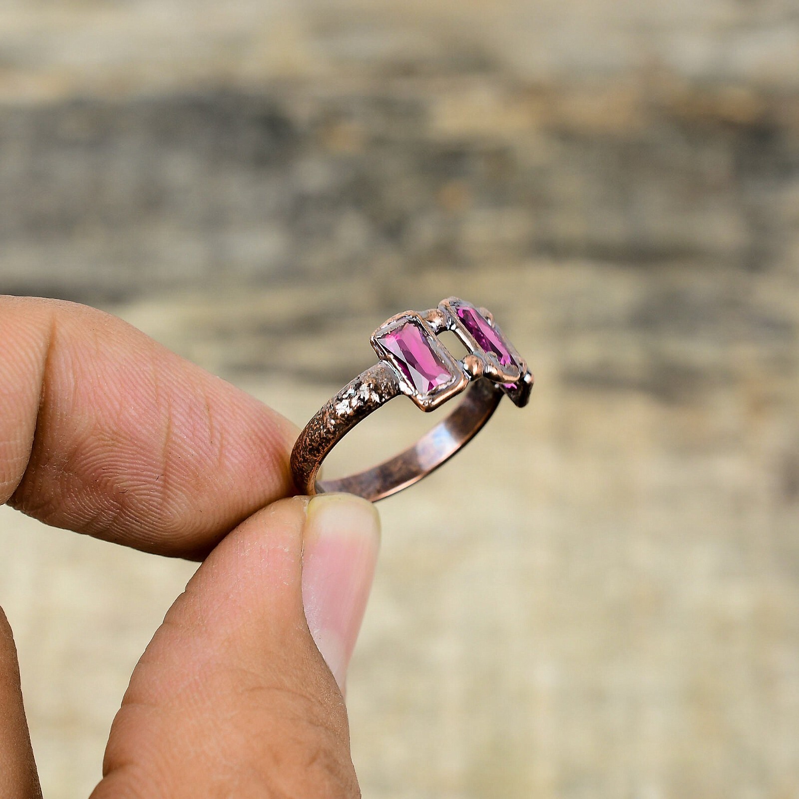 Pink Tourmaline Copper Electroformed Stackable Adjustable Ring Size Adjustable