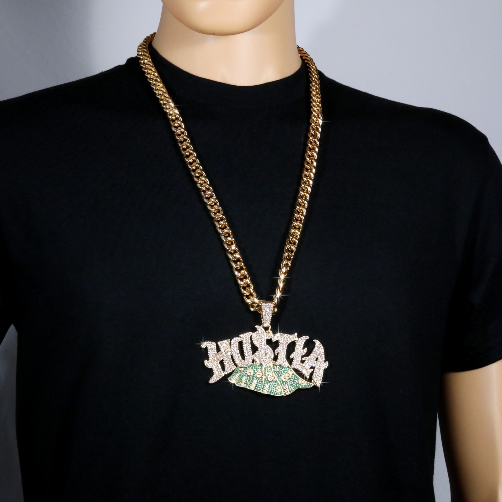 Miami Cuban Curb Chain Necklace 10mm 30In & Hustle Cash Money Sign Gold Plated