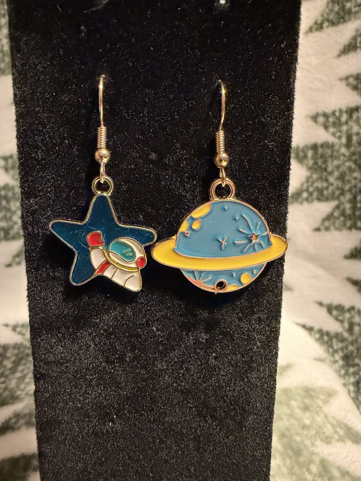 Blue Enamel Space Astronomy Asymmetrical Dangle Drop Earrings w/ Hook Closure