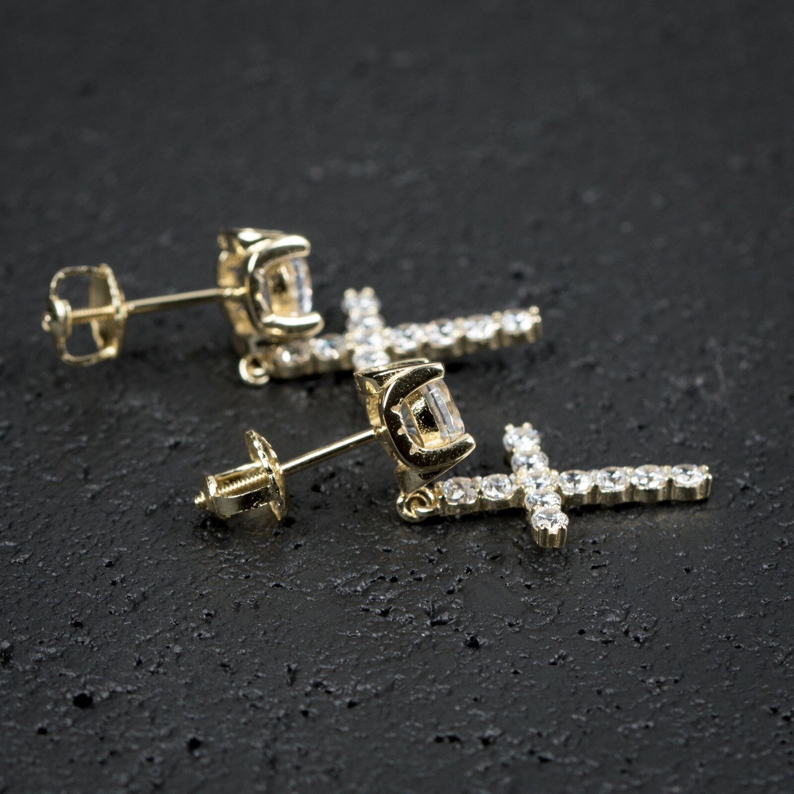 Iced Men Gold Plated Sterling Silver Round Stud Cross Dangle Drop Hoop Earrings