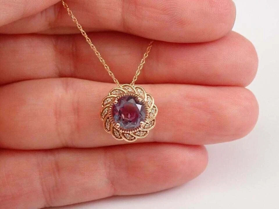 2Ct Round Cut Alexandrite Diamond Halo Pendant 14K Rose Gold Over “18 Free Chain