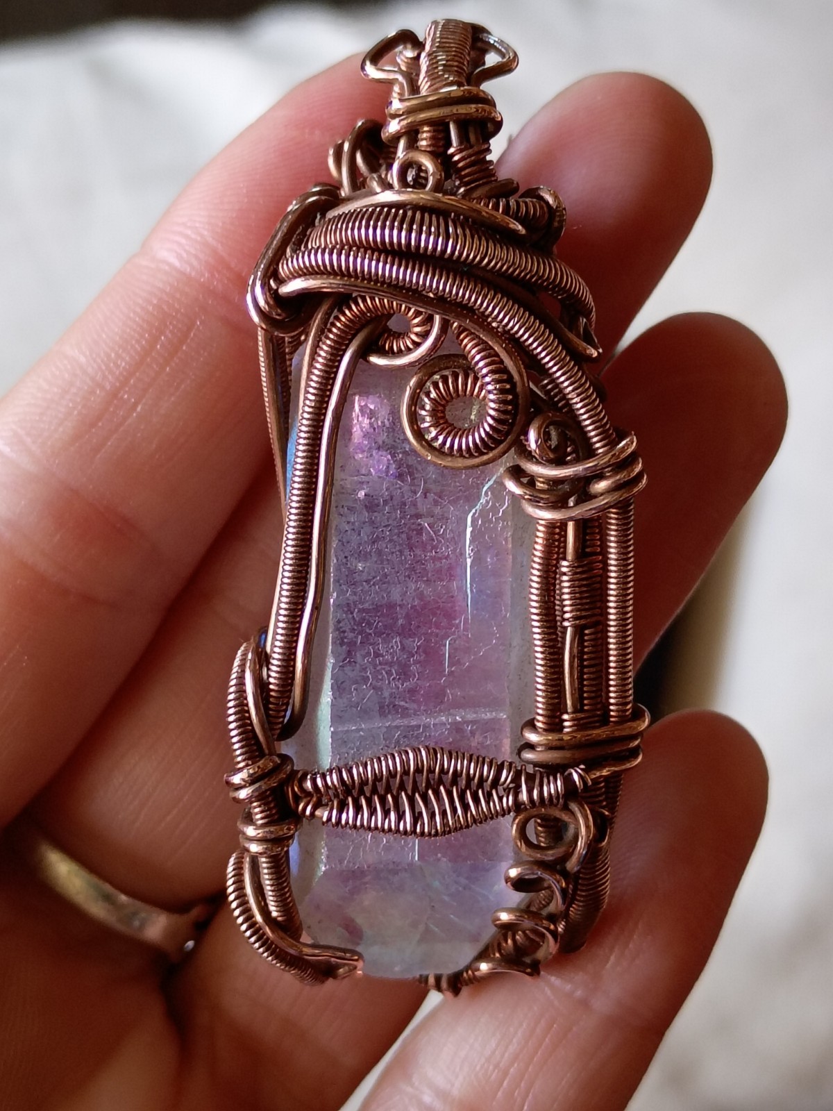 Angel Aura Quartz Crystal Wire Wrap double terminated Copper Pendant Necklace