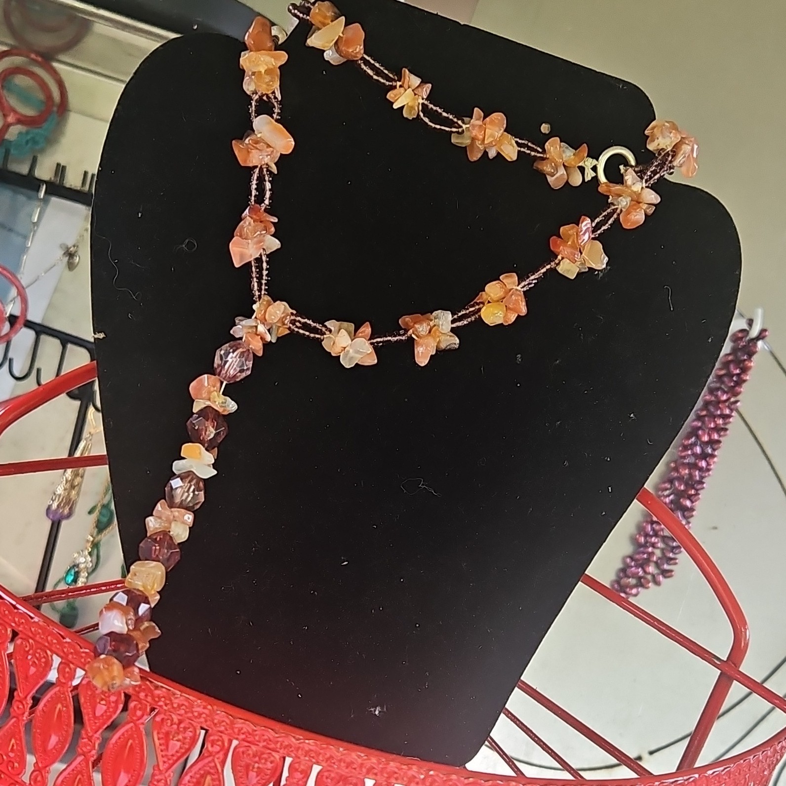 Orange Brown Stone Chip Beaded Cord Necklace, Beaded Style, Undated Era