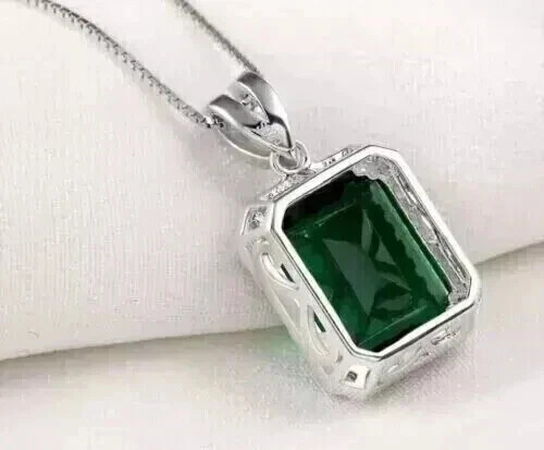 Natural Green Emerald 4.00Ct Emerald Cut Women’s Halo Pendant White Gold Plated