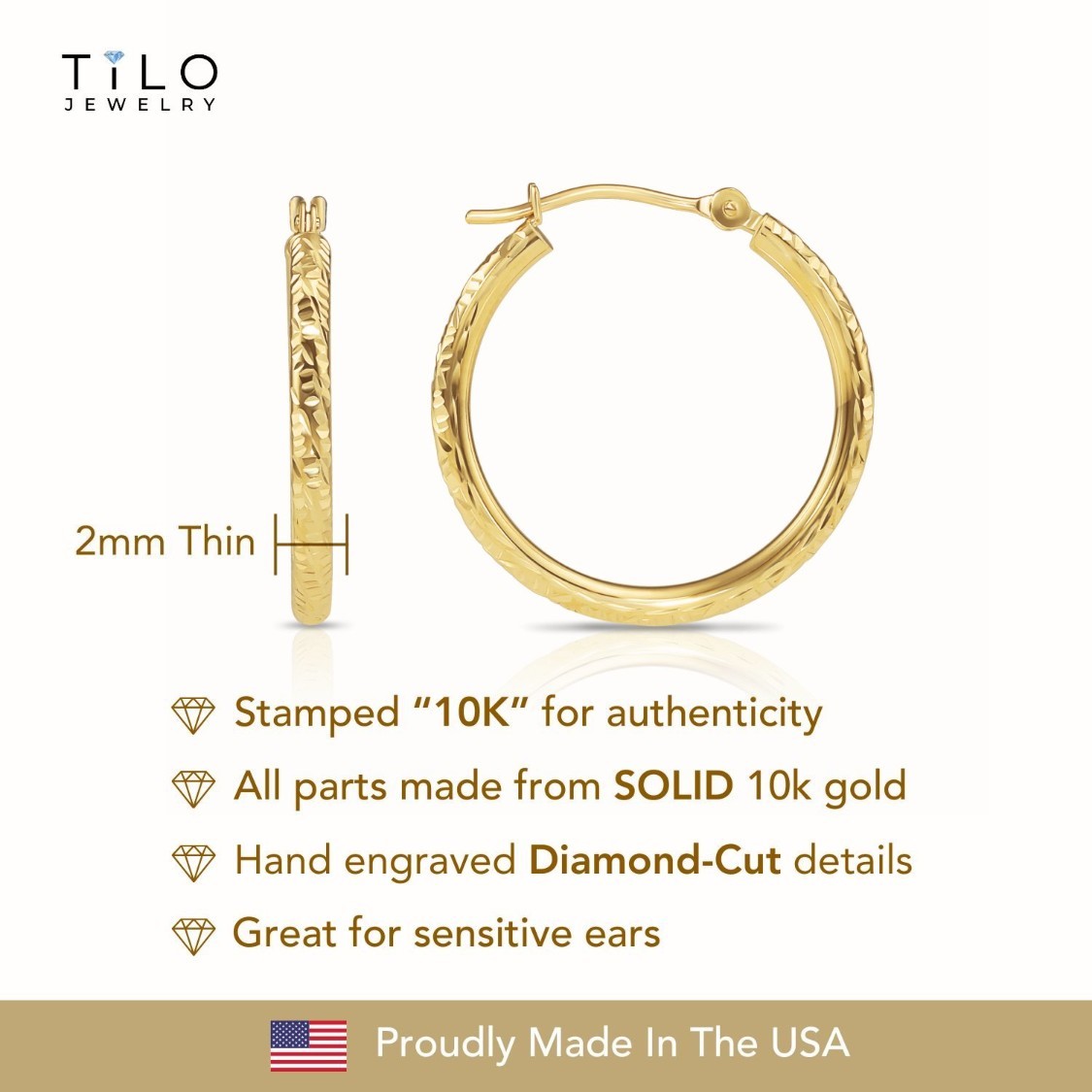10K Real Solid Gold Hand Engraved Diamond-Cut Creole Hoops Earrings All Sizes