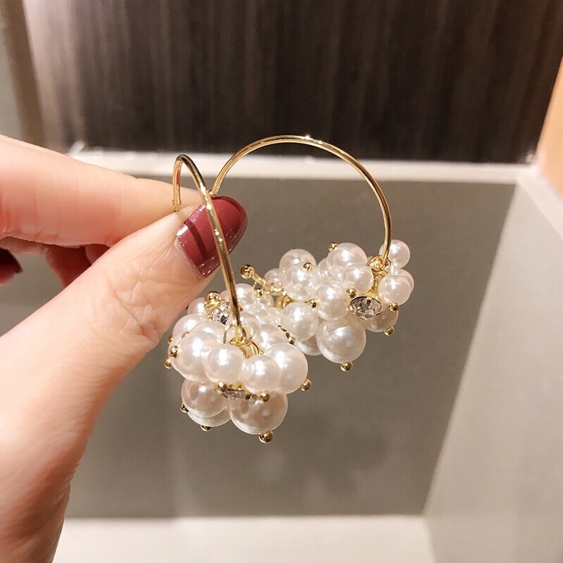 18K Gold Plated White Pearl Dangle Drop Earrings for Women,Open Hoop Earrings