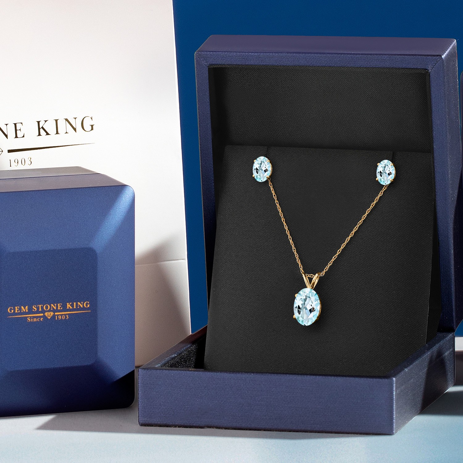 14K Yellow Gold Sky Blue Topaz Pendant Earrings Jewelry Set For Women | 3.00