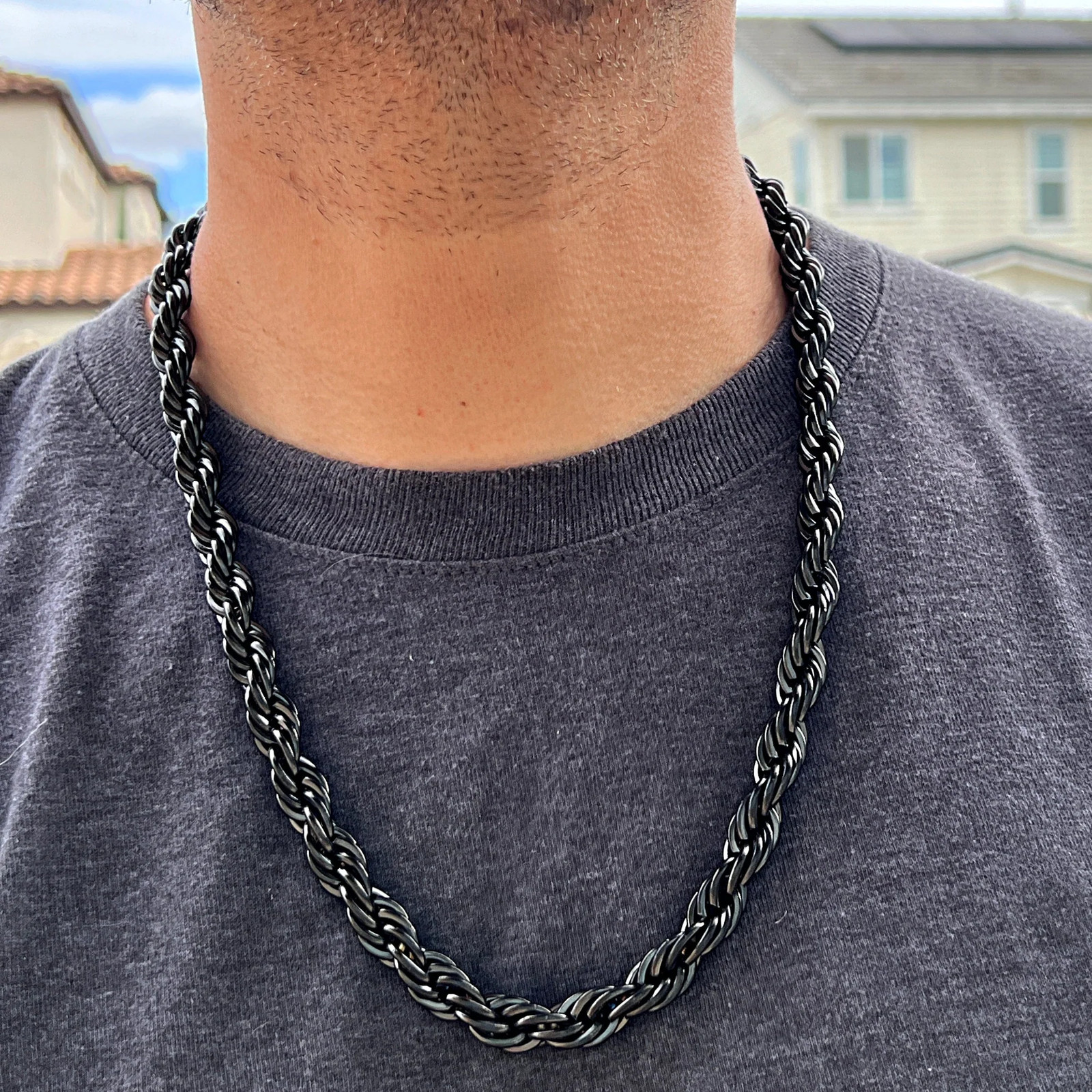 Mens Black Solid 316L Stainless Steel Rope Chain Hip Hop Necklace 10MM Thick 24″