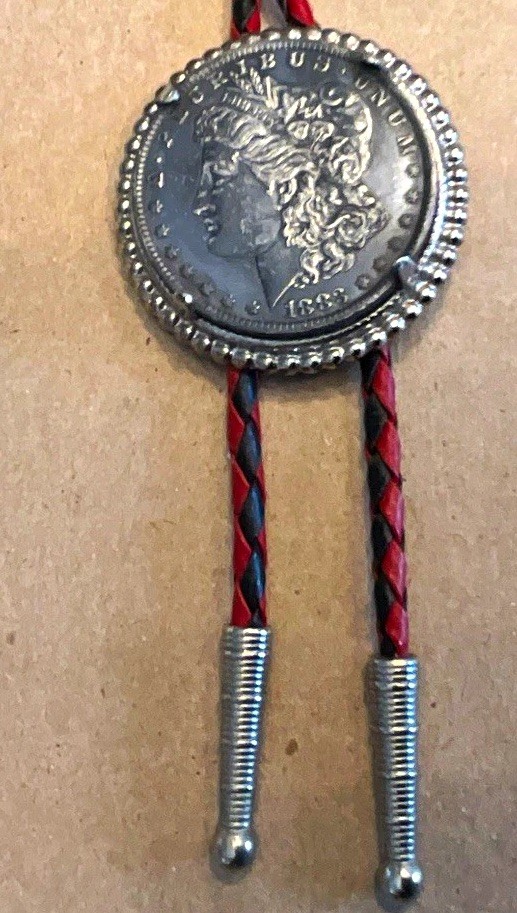 Men’s Adjustable Bolo Tie Red/Black Braided Leather Silver-Tone Round