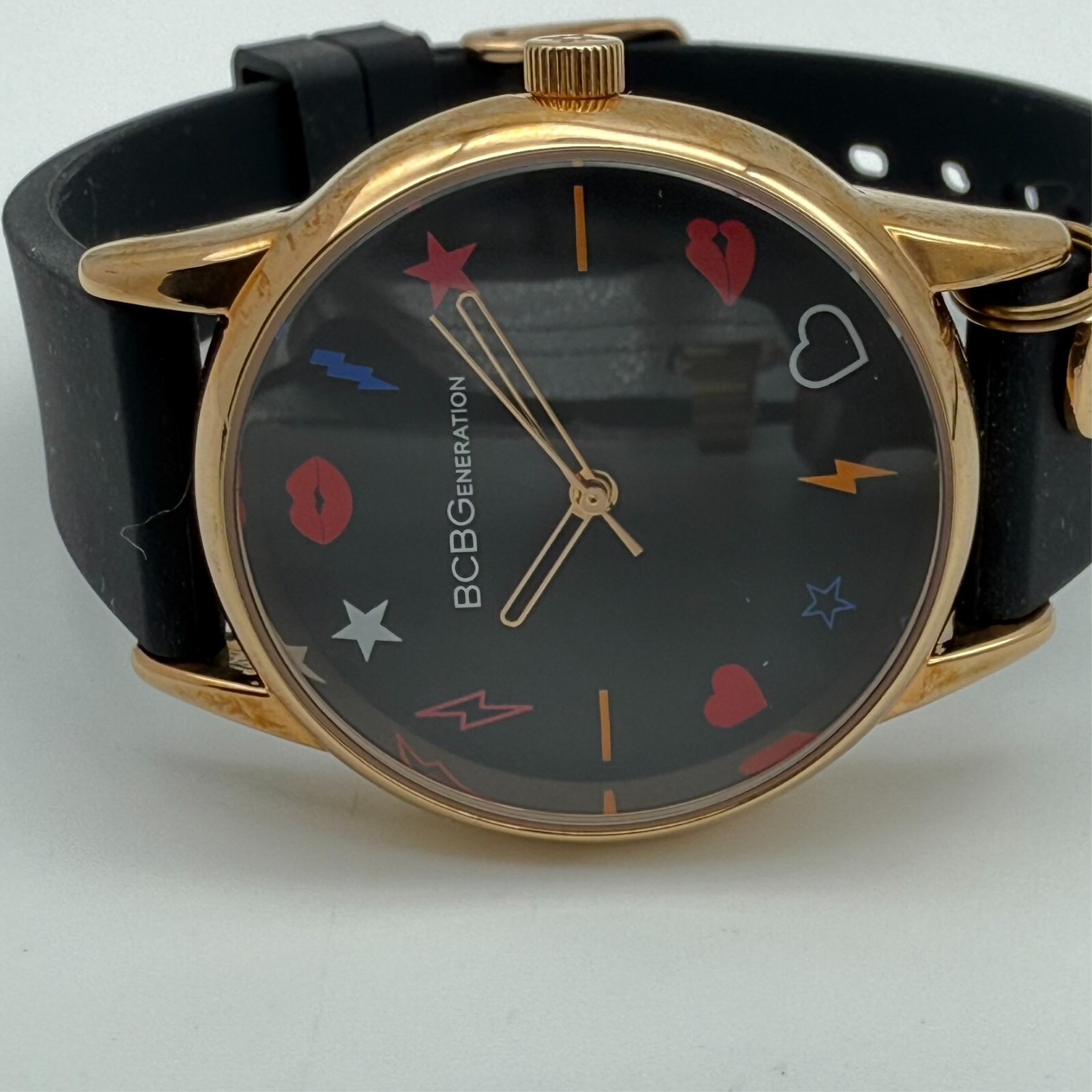 Ladies BCBGeneration Rose Gold Tone, Black Silicone Band Analog Watch, BCBG 33mm