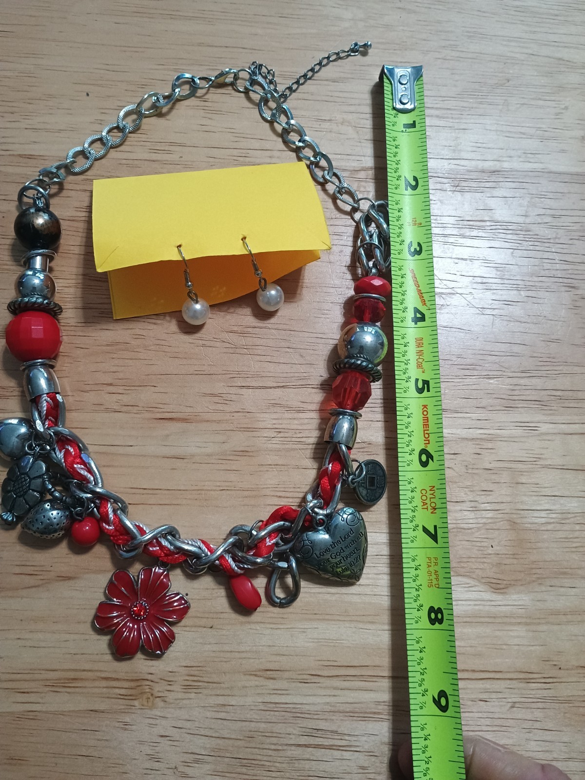 Heart Red Flower Cord Silver Chain Bead etc Small Choker Necklace