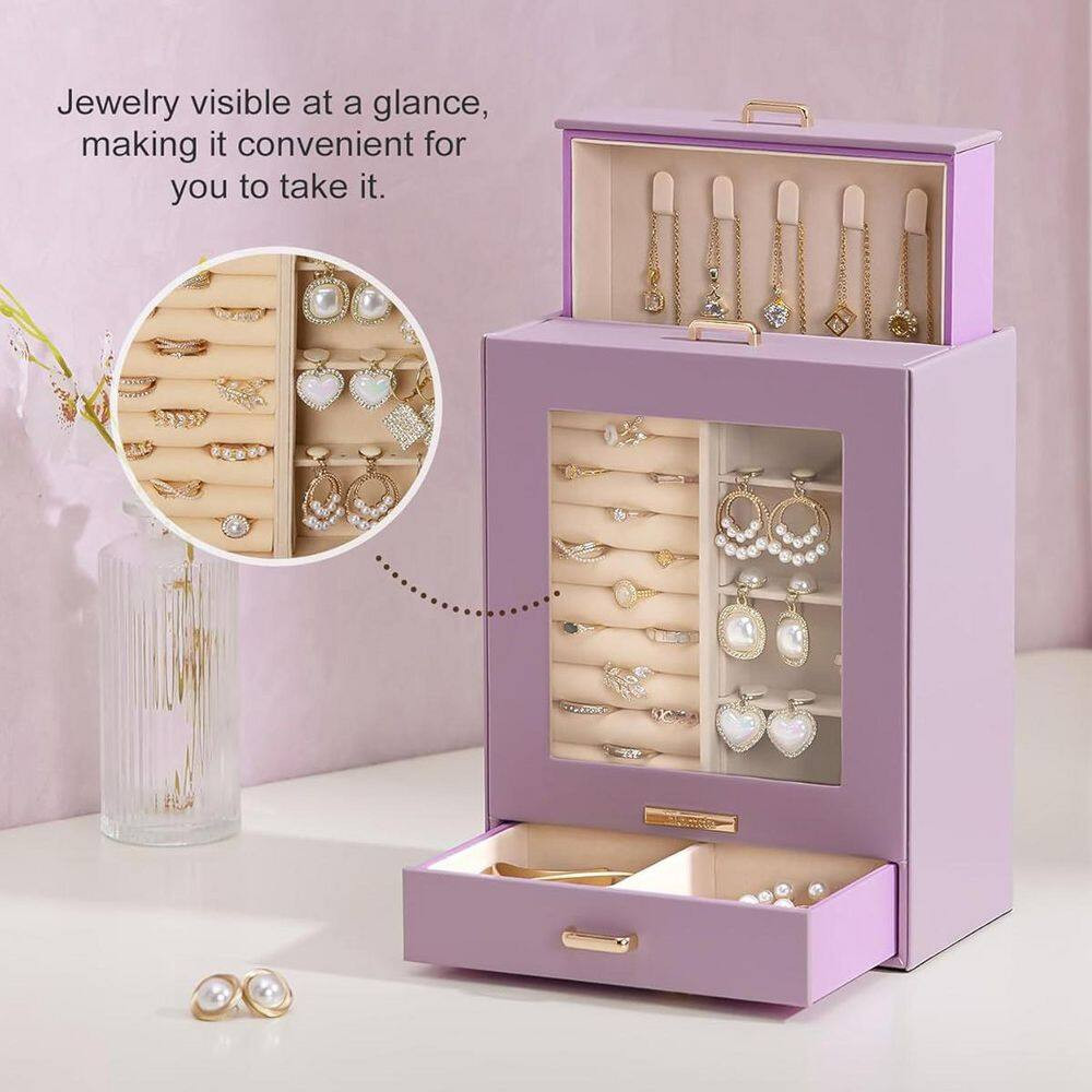 Grey Purple 7 In. X 9 In. Polyurethane Modern Jewelry Box with 3-Drawers