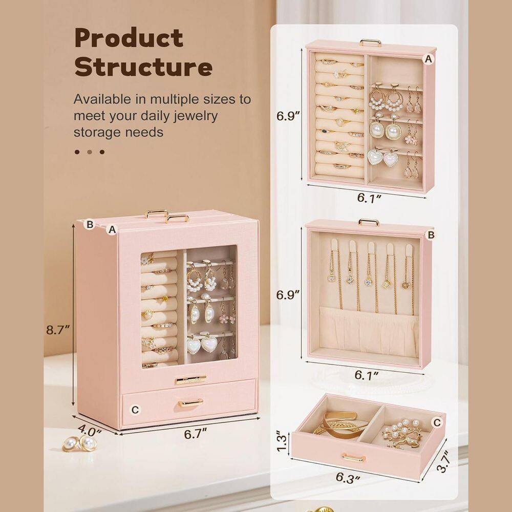 Peach Pink 7 In. X 9 In. Polyurethane Modern Jewelry Box with 3-Drawers