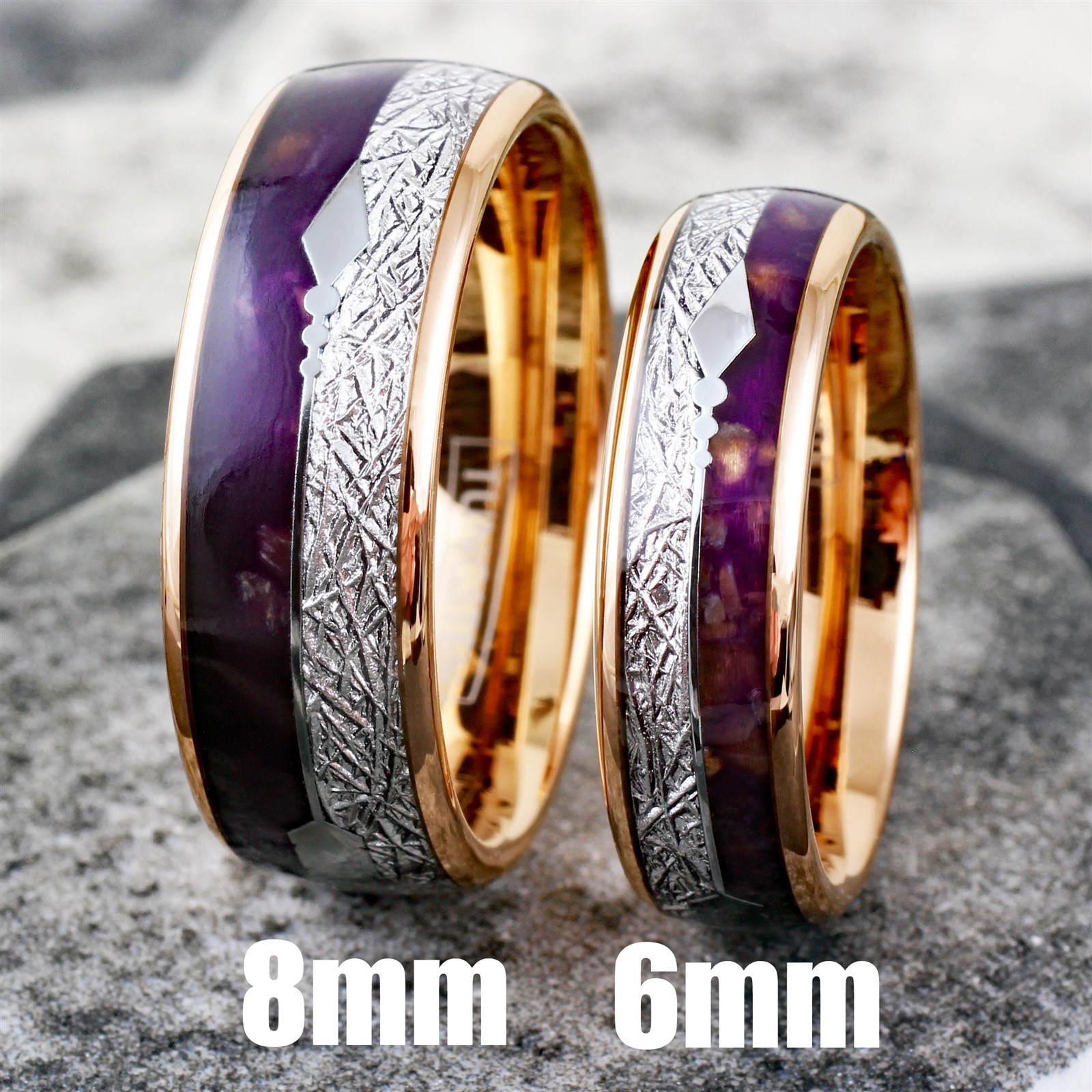 Rose Gold Plated Tungsten Men’s Ring Purple Lapis & Faux Meteorite Wedding Band