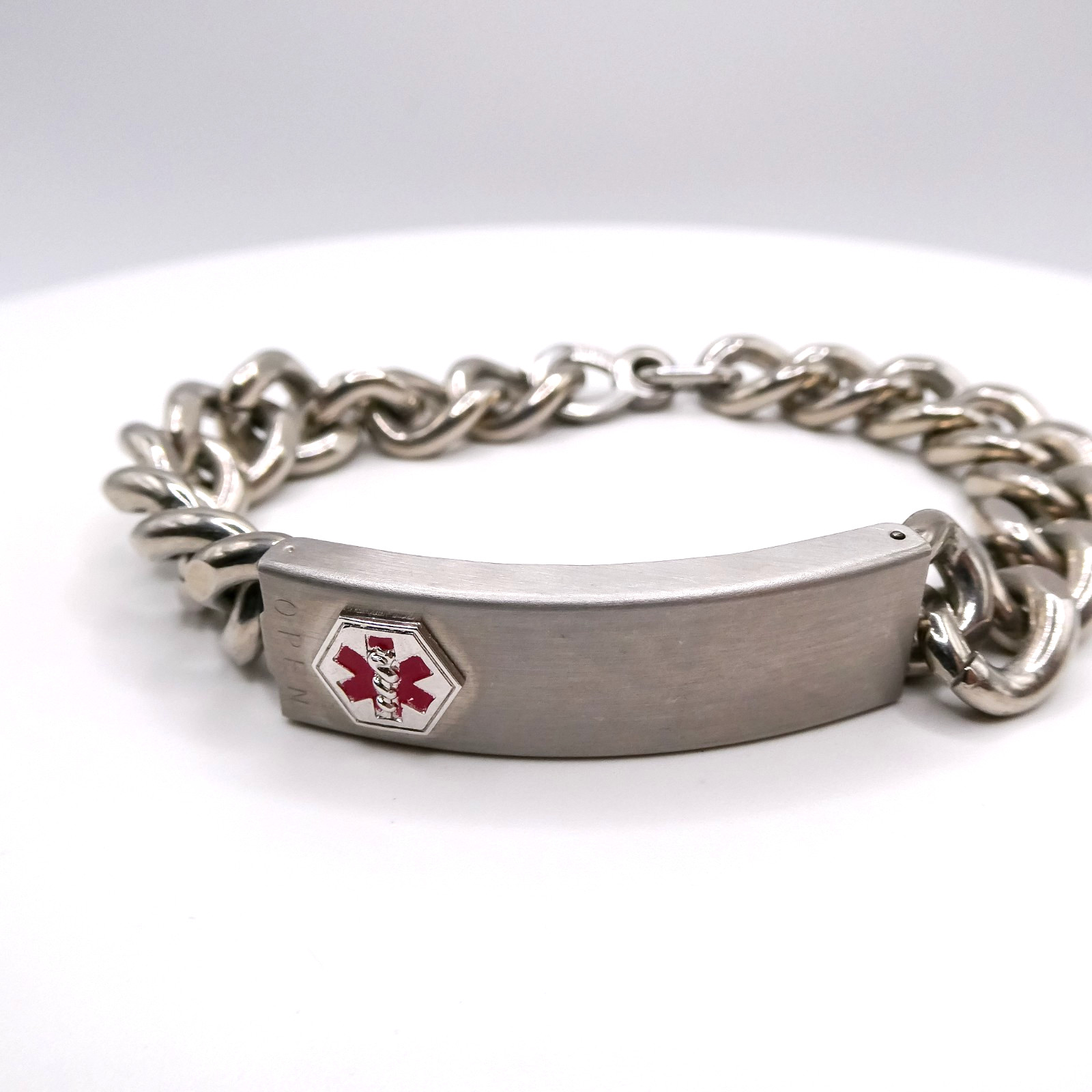Medical Log ID Alert Vintage Curb Link Chain 8″ Bracelet Mens Medilog Speidel