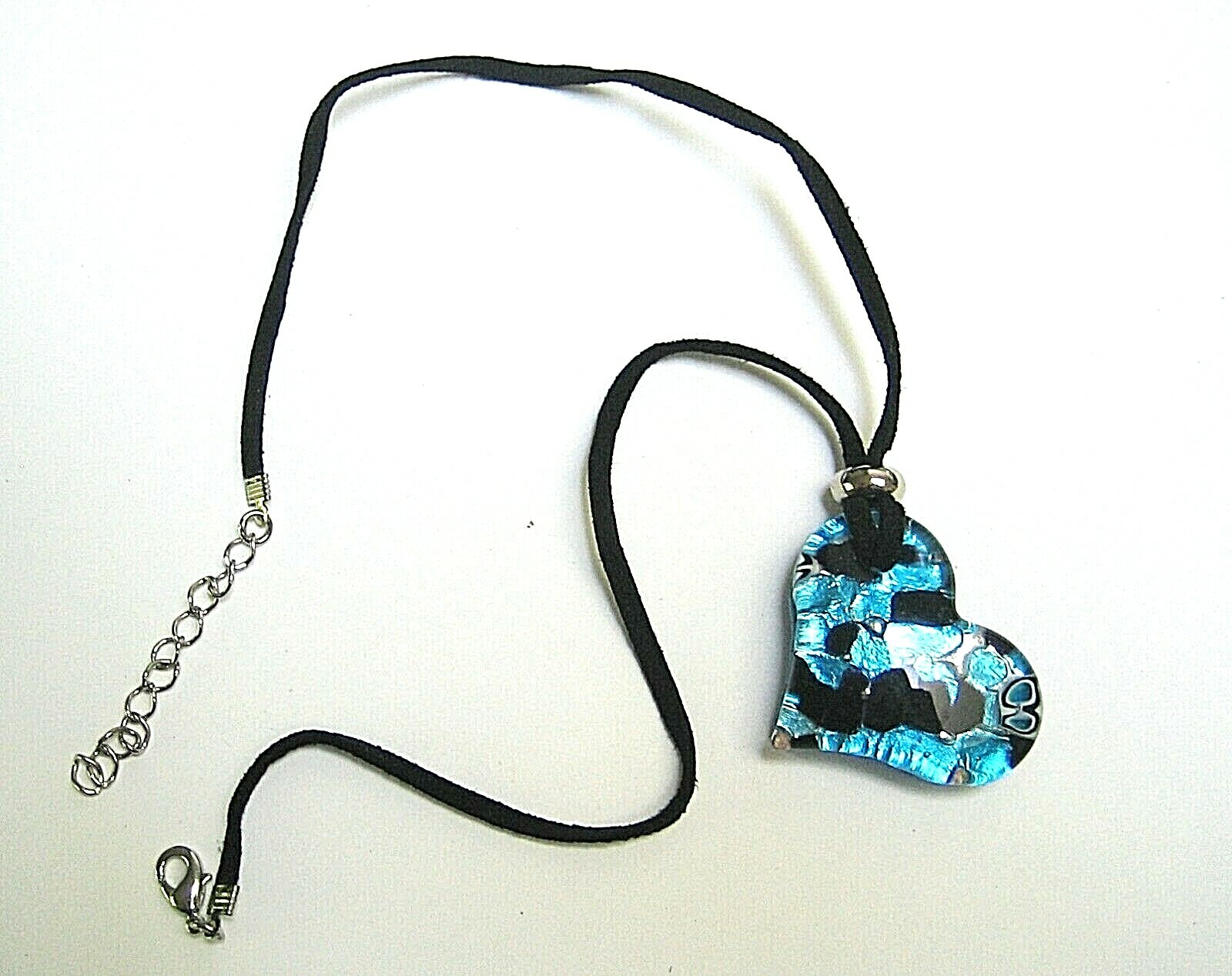 Hand Made Italian Murano Glass Heart Pendant – Blue, Black and Sliver