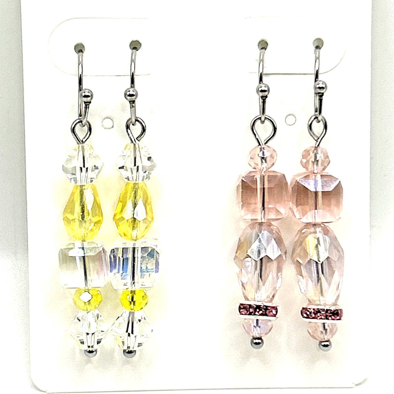 2 Pair Set: Glass Beaded Dangle Drop Earrings- YELLOW & PINK w Stainless Hooks