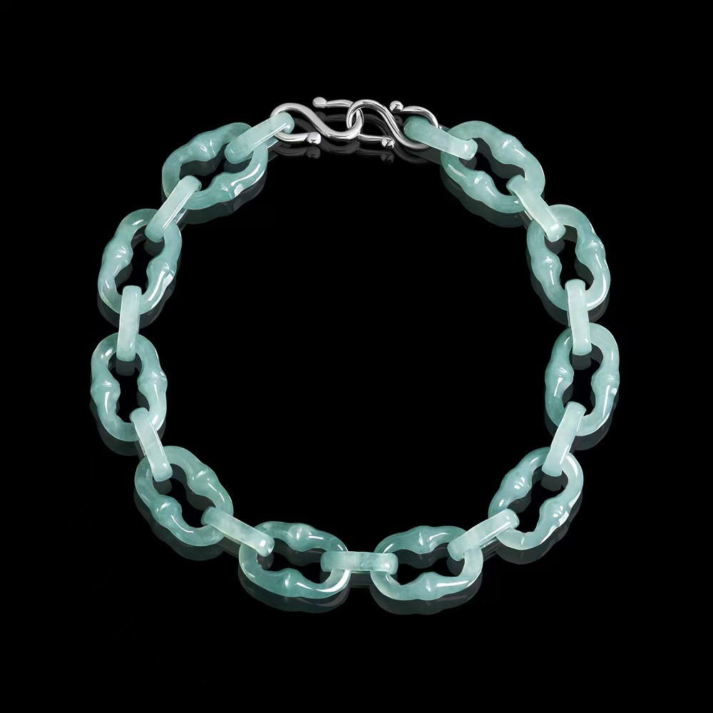 Real Grade A Natural Blue Jade Jadeite Bracelet Square O Link Chain 5-7.9inch