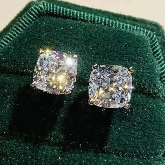 2 CT Cushion Cut Real VVS Moissanite Solitaire Stud Earrings 925 Sterling Silver