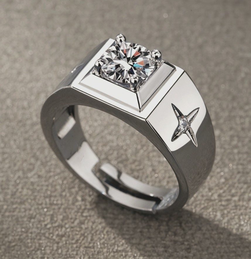 Silver Tone Men’s Moissanite Solitaire Ring Star Accents Open Wide Band Ring