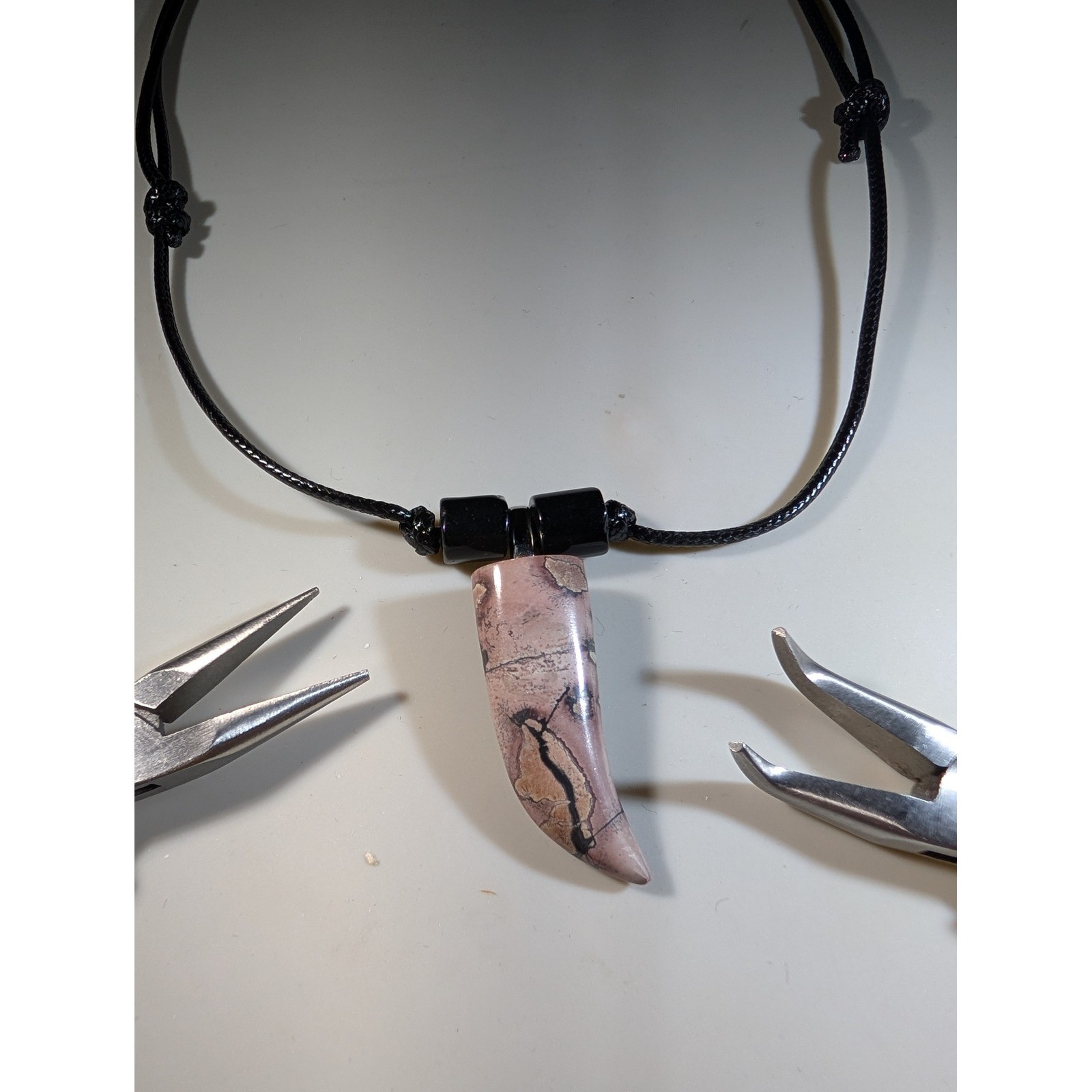 Red Picture Jasper Horn Pendant Necklace Adjustable Black Cord Boho Jewelry