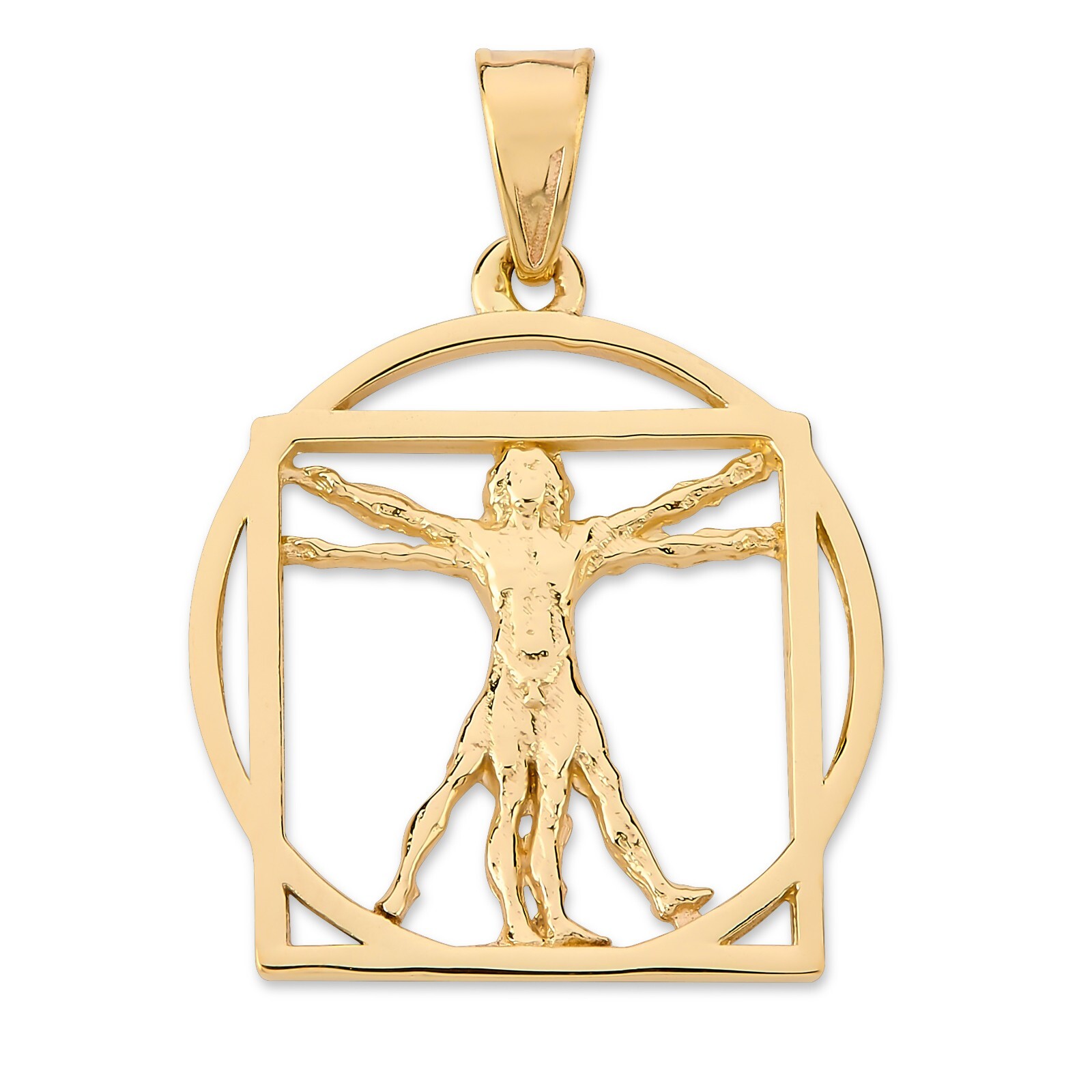 Solid 18K Yellow Gold Da Vinci Vitruvian Man Pendant, 3/4″, Renaissance Art