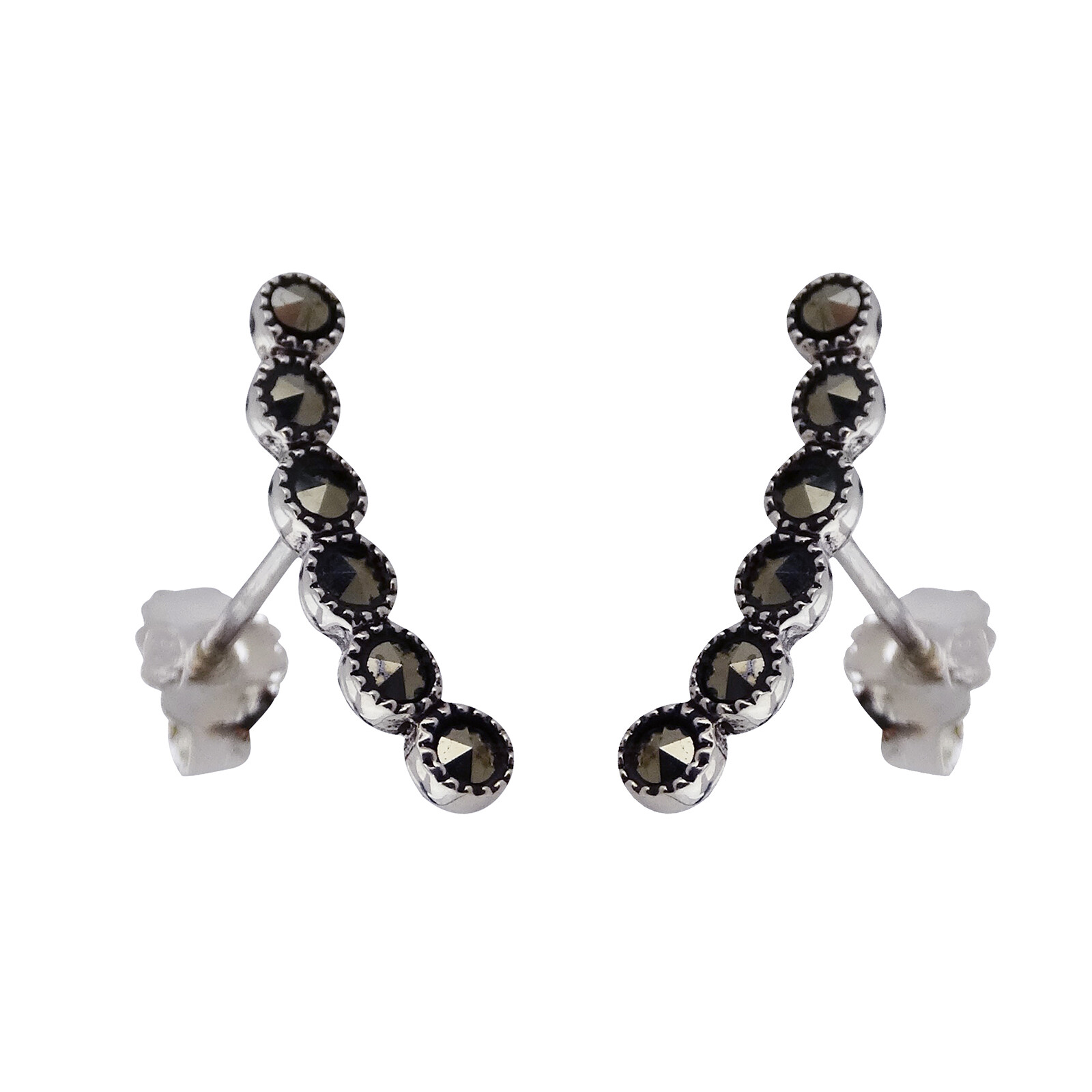Marcasite Ear Climber Earrings – 925 Sterling Silver – Posts Curved Gift NEW