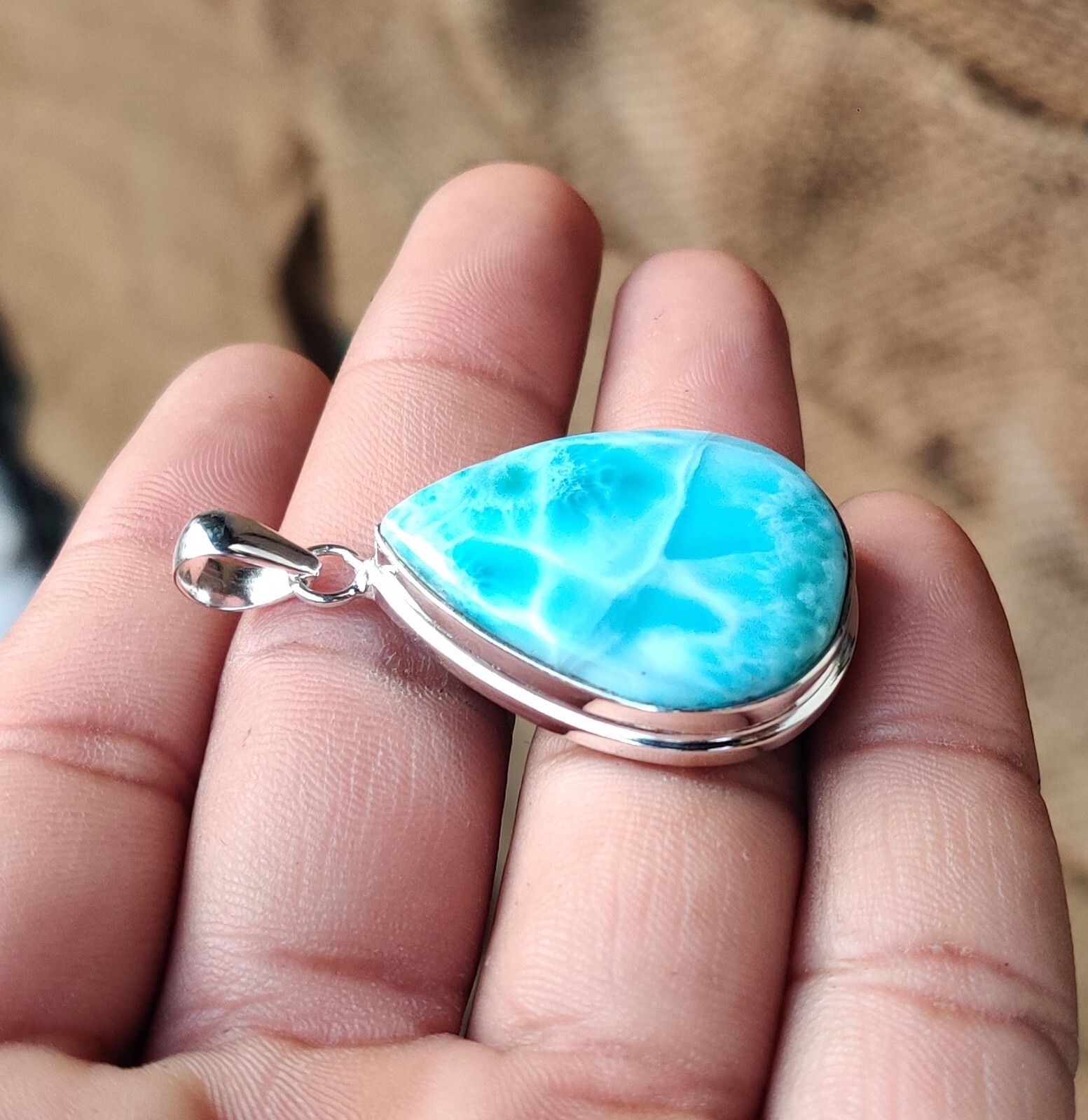 Larimar Gemstone 925 Sterling Silver Handmade Magnificent Pendant Gift PG1351