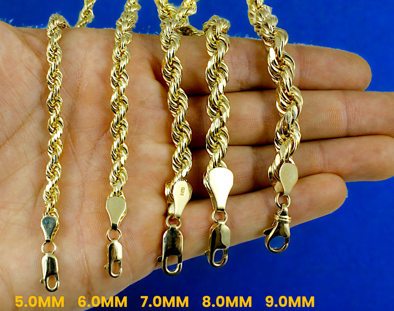 14K Yellow Gold SOLID Rope Chain Necklace Bracelet Diamond Cut 1mm-12mm 7″-30″
