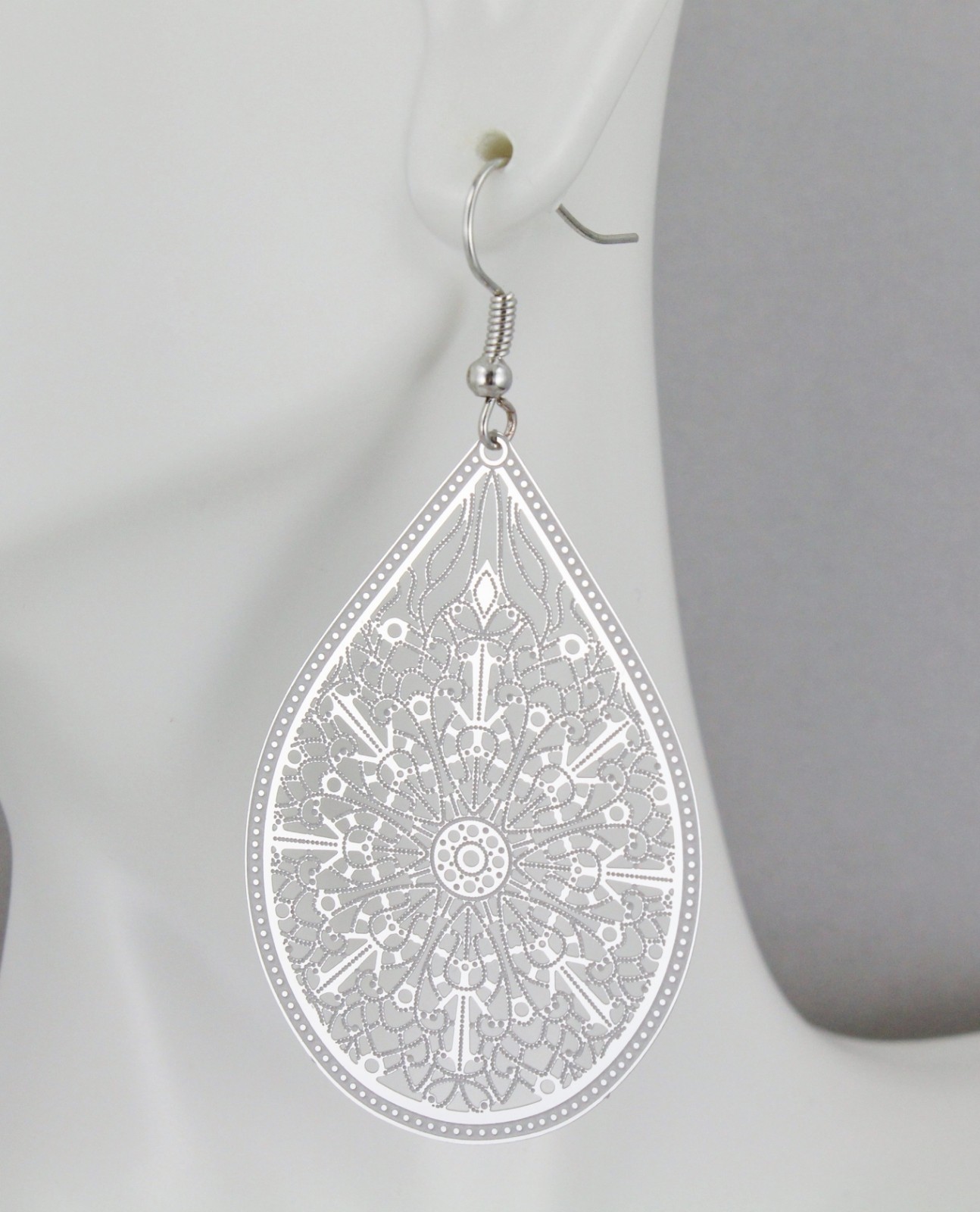 Silver earrings teardrop dangle shiny VERY lightweight filigree 2.5″ long