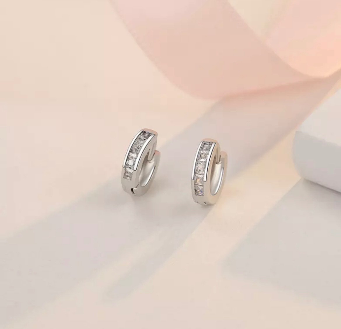925 Sterling Silver Plated Square CZ Huggie Hoop Earrings Women Men