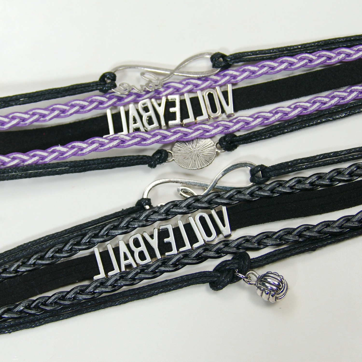 Womens Volleyball Black Purple Adjustable Bracelets Braided Cord Sports Jewelry