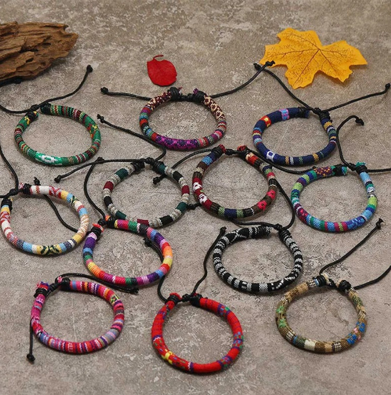 12pcs Bohemian Adjustable Unisex Bracelets Colorful Cotton Ethnic Style Set