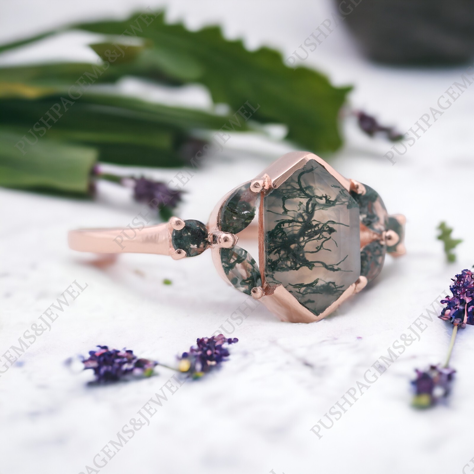 925 Sterling Silver 8×6 mm Hexagon Shape Natural Moss Agate Ring