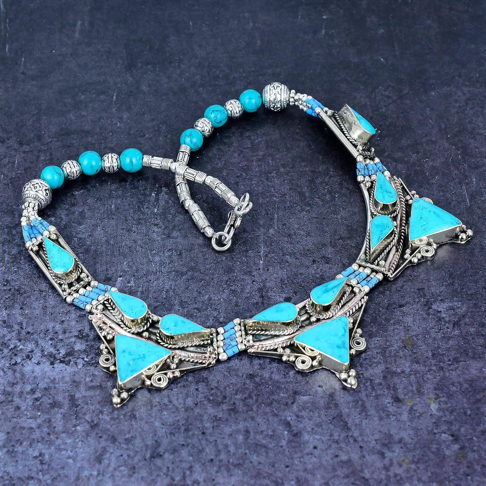Tibetan Turquoise Gemstone Handmade 925 Sterling Silver Nepali Jewelry Necklace