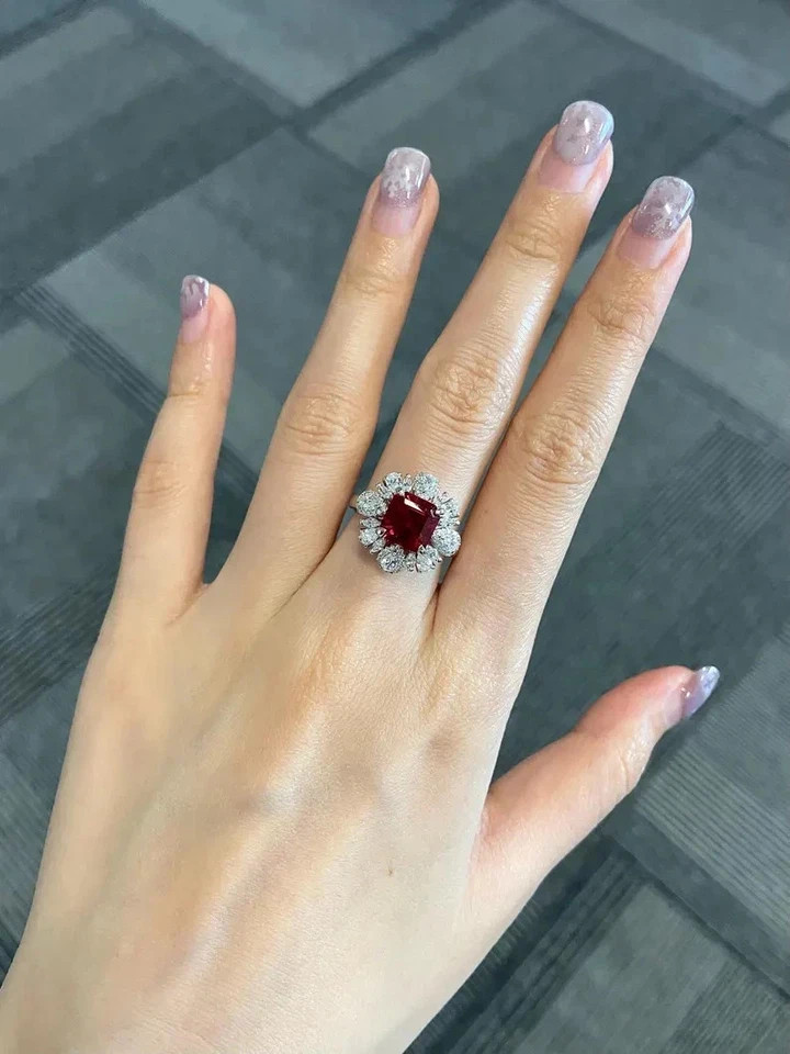 3.44Ct Asscher Cut Natural Ruby Diamond Wedding Ring 14K Real White Gold Size 6